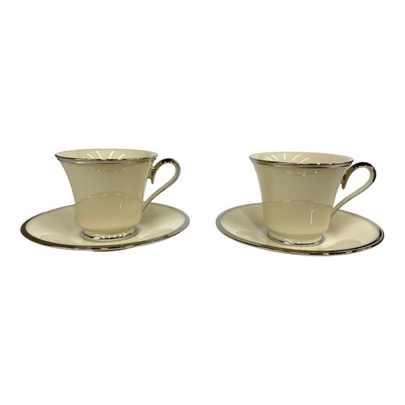 Set of Two Lenox Solitaire Teacup and Saucer in Ivory with Platinum Silver Rim - Picture 3 of 11